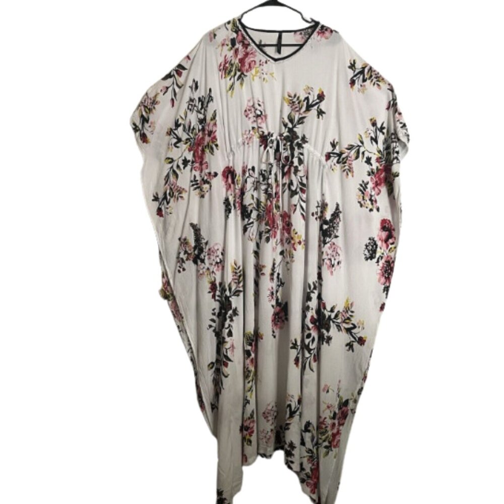 Here & Now Floral Printed Maxi Caftan Coverup Drawstring Cinched Waist